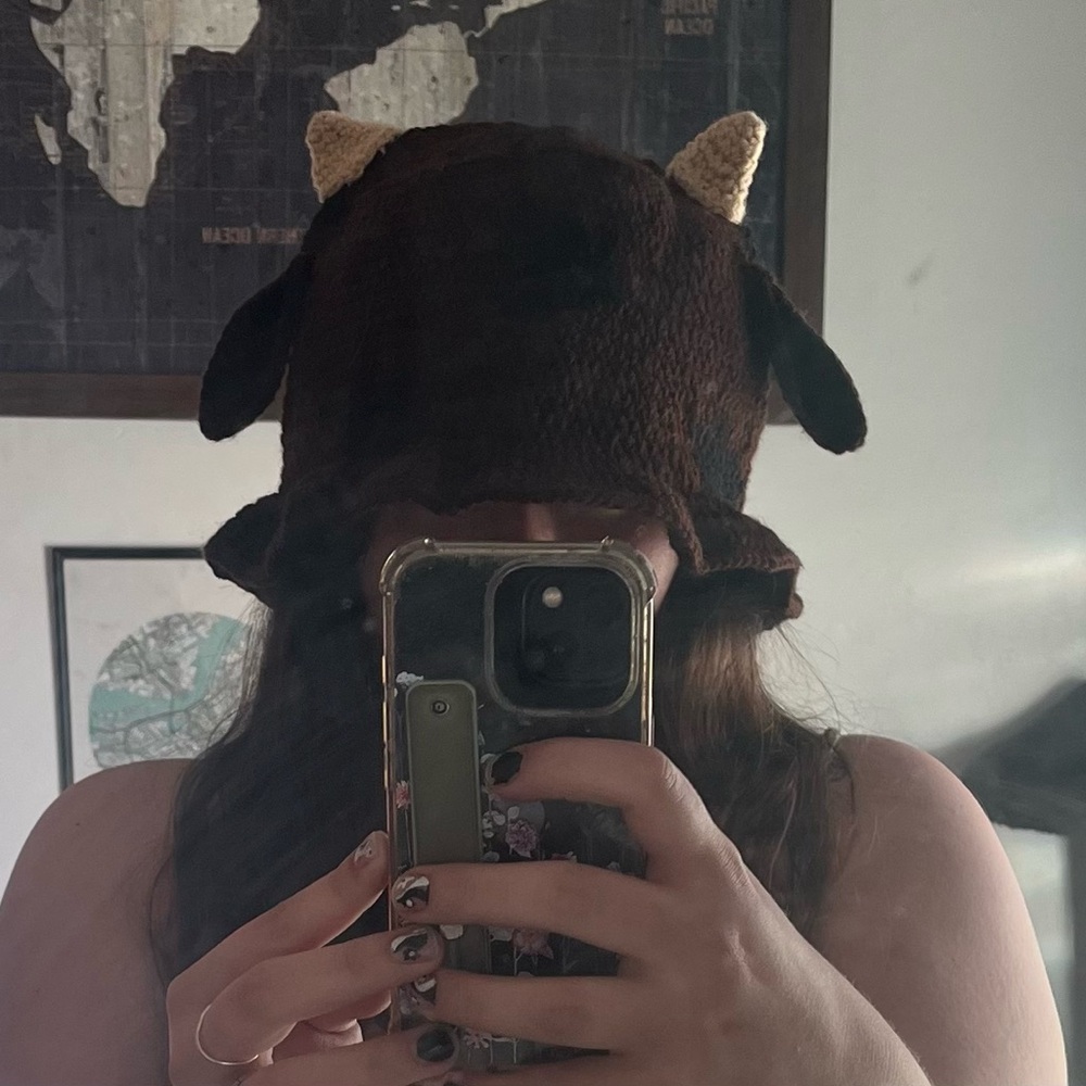 Brown crocheted Hat with cow pattern & Horns